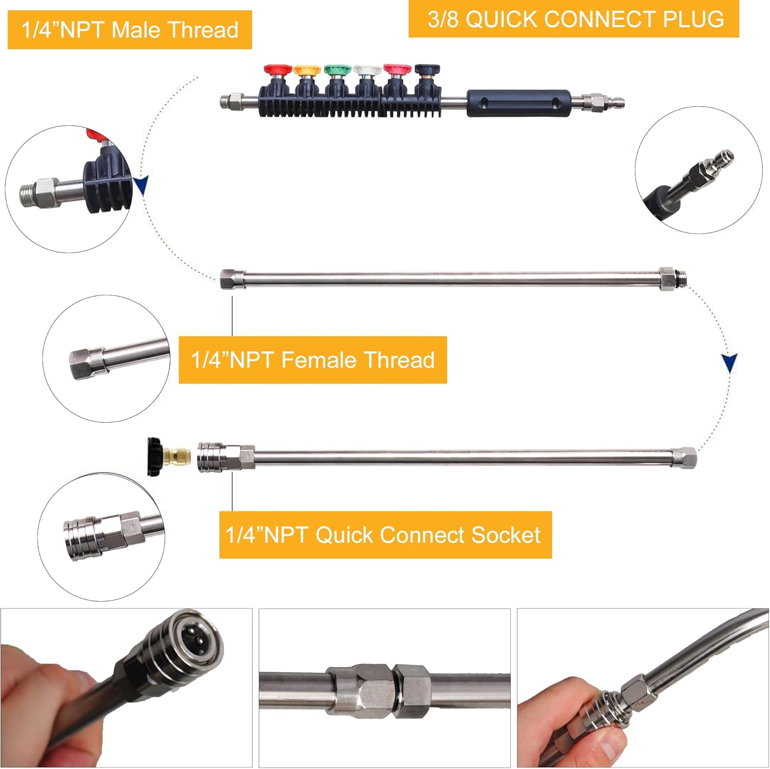 Pressure Washer Extension Wand, 10 Pack Power Washer Lance with 6 Atomization Nozzle Tips,1 Gutter Cleaner Attachment Curved Rod, 1/4" Quick Connect, 4000 PSI