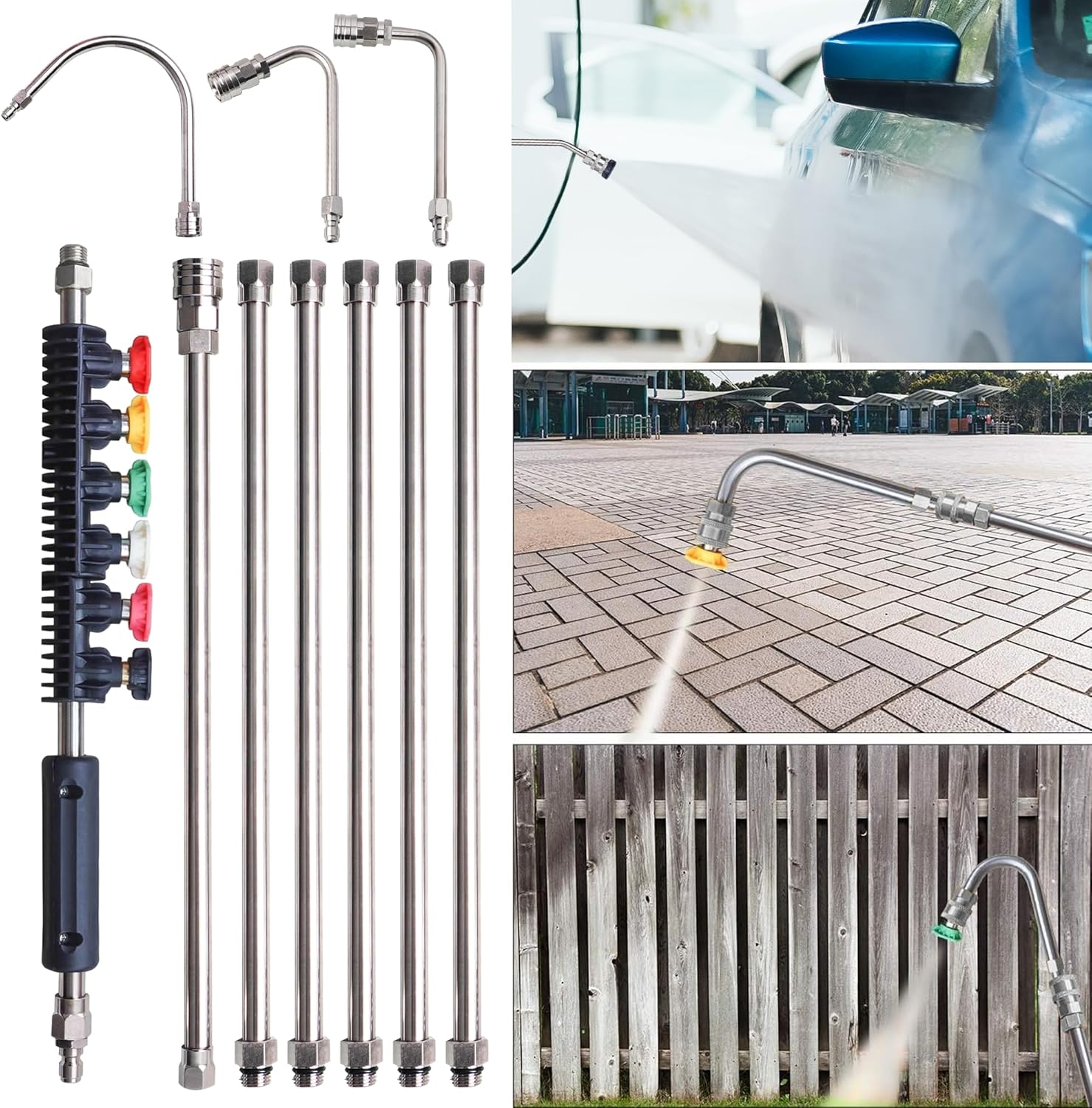 Pressure Washer Extension Wand, 10 Pack Power Washer Lance with 6 Atomization Nozzle Tips,1 Gutter Cleaner Attachment Curved Rod, 1/4" Quick Connect, 4000 PSI