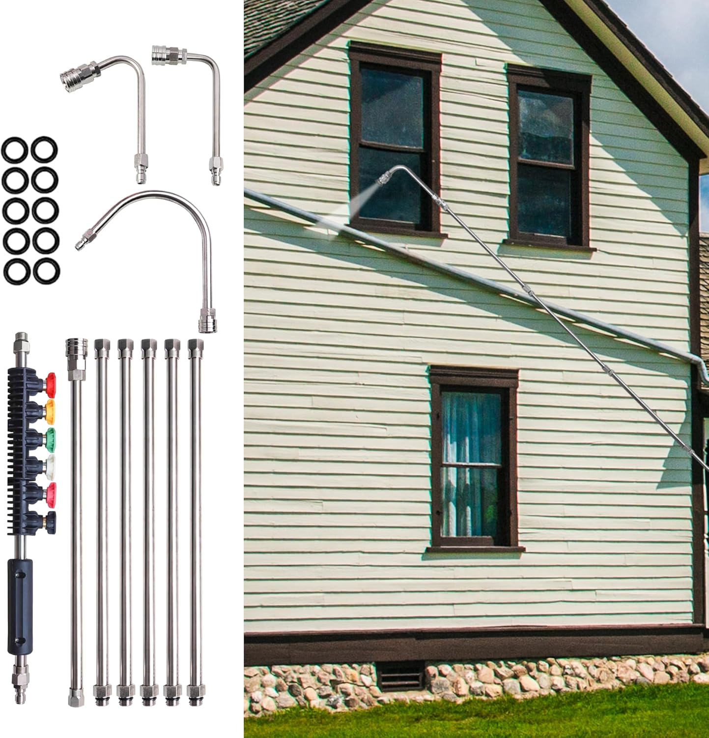 Pressure Washer Extension Wand, 10 Pack Power Washer Lance with 6 Atomization Nozzle Tips,1 Gutter Cleaner Attachment Curved Rod, 1/4" Quick Connect, 4000 PSI