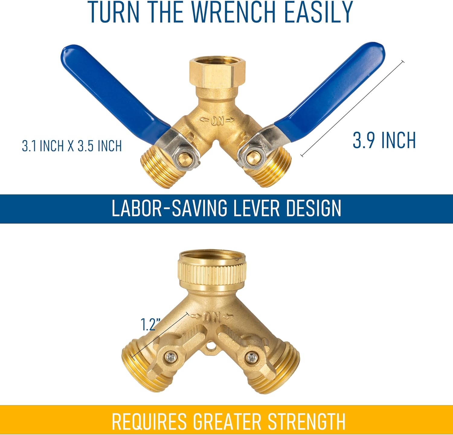 Brass Garden Hose Splitter, Y Valve Splitter with Stainless Steel Long Handle, Heavy Duty 2 Way 3/4" GHT Thread Water Garden Hose Adapter