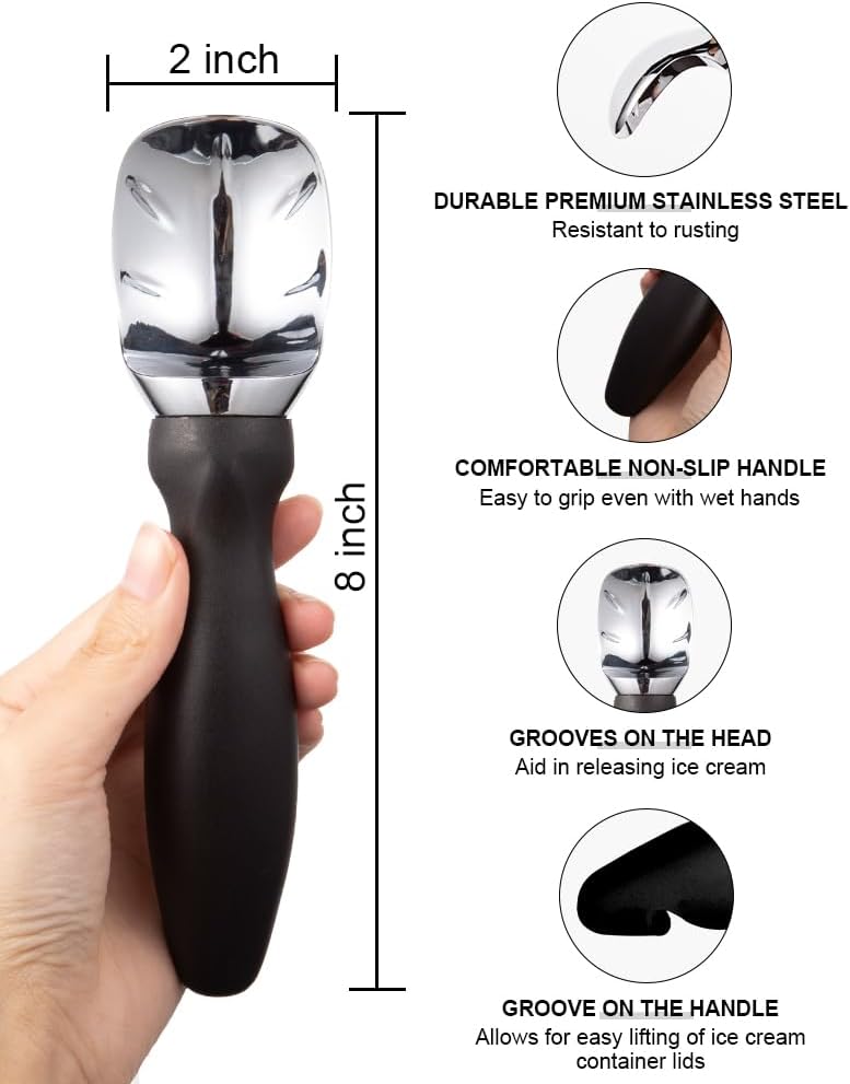 Ice Cream Scoop with Comfortable Handle, Professional Grade Scooper, Great for Spooning Frozen Hard Gelato and Sorbet, Melon-Black