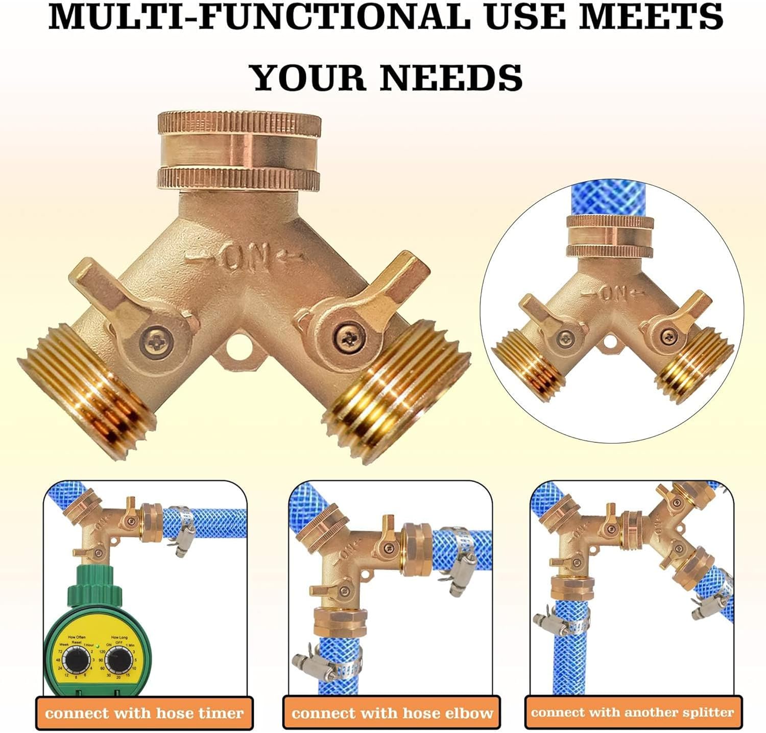2 Way Hose Splitter, 3/4" Brass Hose Y Splitter with 2 PCS Garden Hose Extension Hose Coiled Spring Protectors and 6 Rubber Washers