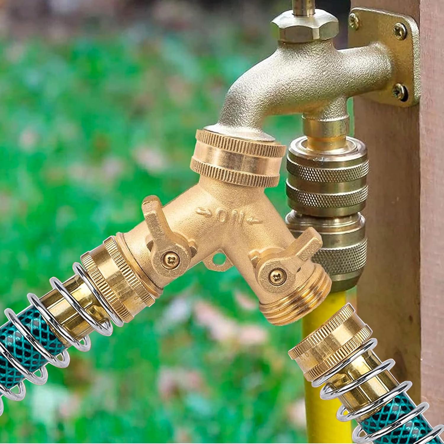 2 Way Hose Splitter, 3/4" Brass Hose Y Splitter with 2 PCS Garden Hose Extension Hose Coiled Spring Protectors and 6 Rubber Washers