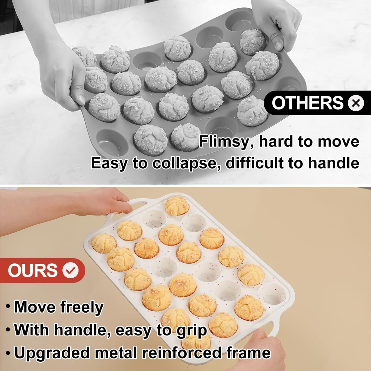 Mini Muffin Pan, Metal Reinforced Frame Mini Cupcake Pans 24 Cups Nonstick Muffin Silicone Molds with Handle for Baking Muffins, Cupcakes, Egg Bites 2 Pack