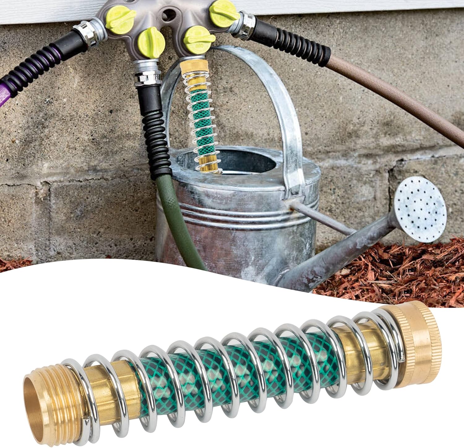 Brass Garden Hose Splitter 4 Way + Garden Hose Protector