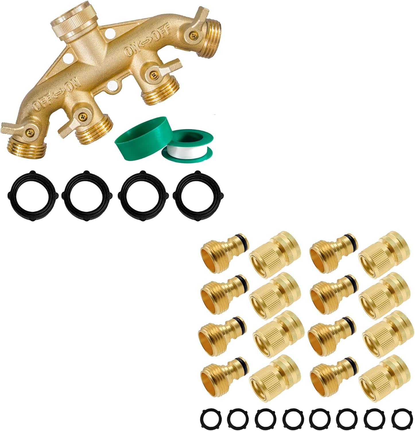 Brass Garden Hose Splitter 4 Way + Garden Hose Quick Connector