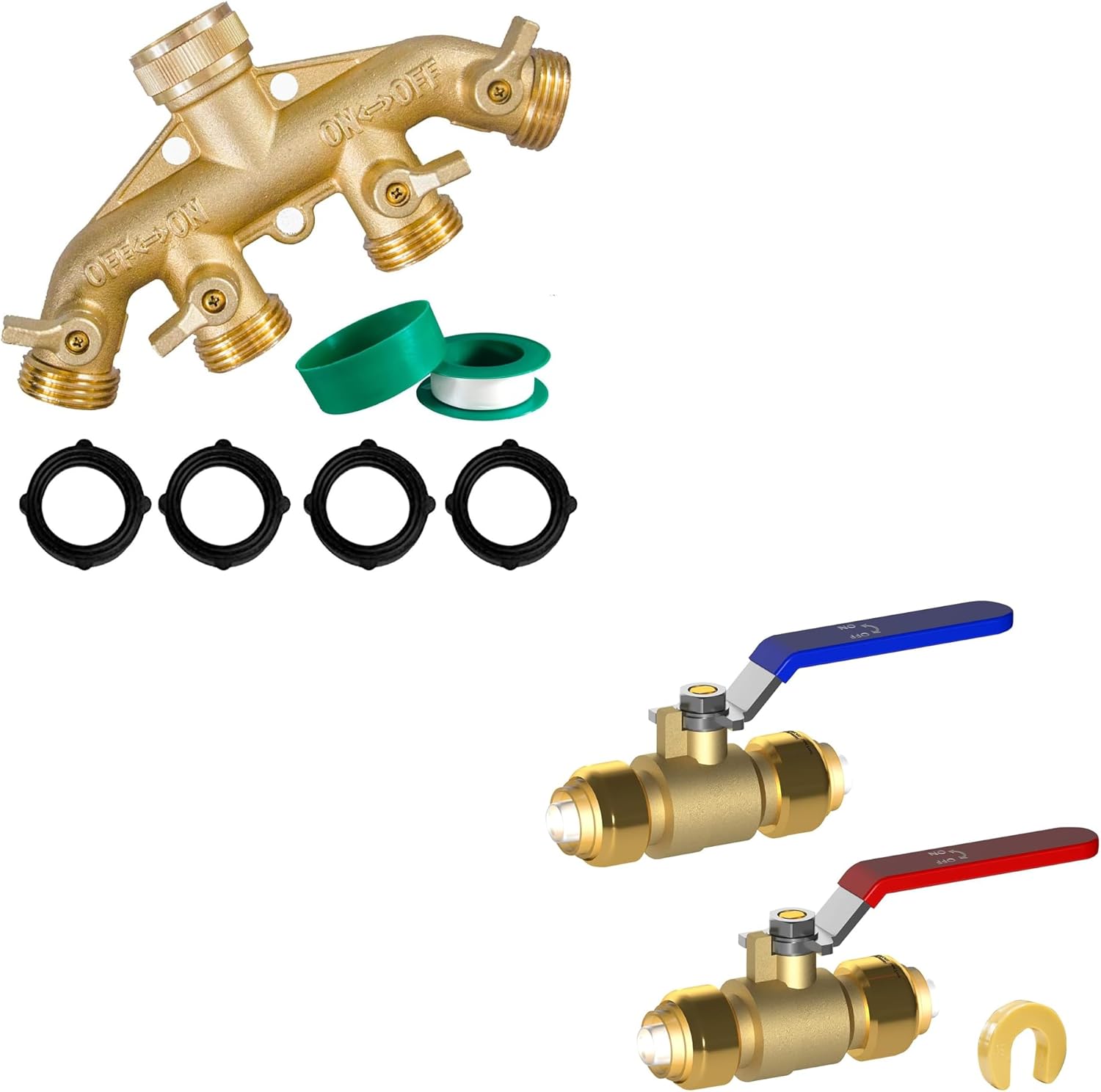 Brass Garden Hose Splitter 4 Way + 1/2 Inch Push-Fit Full Port Ball Valve