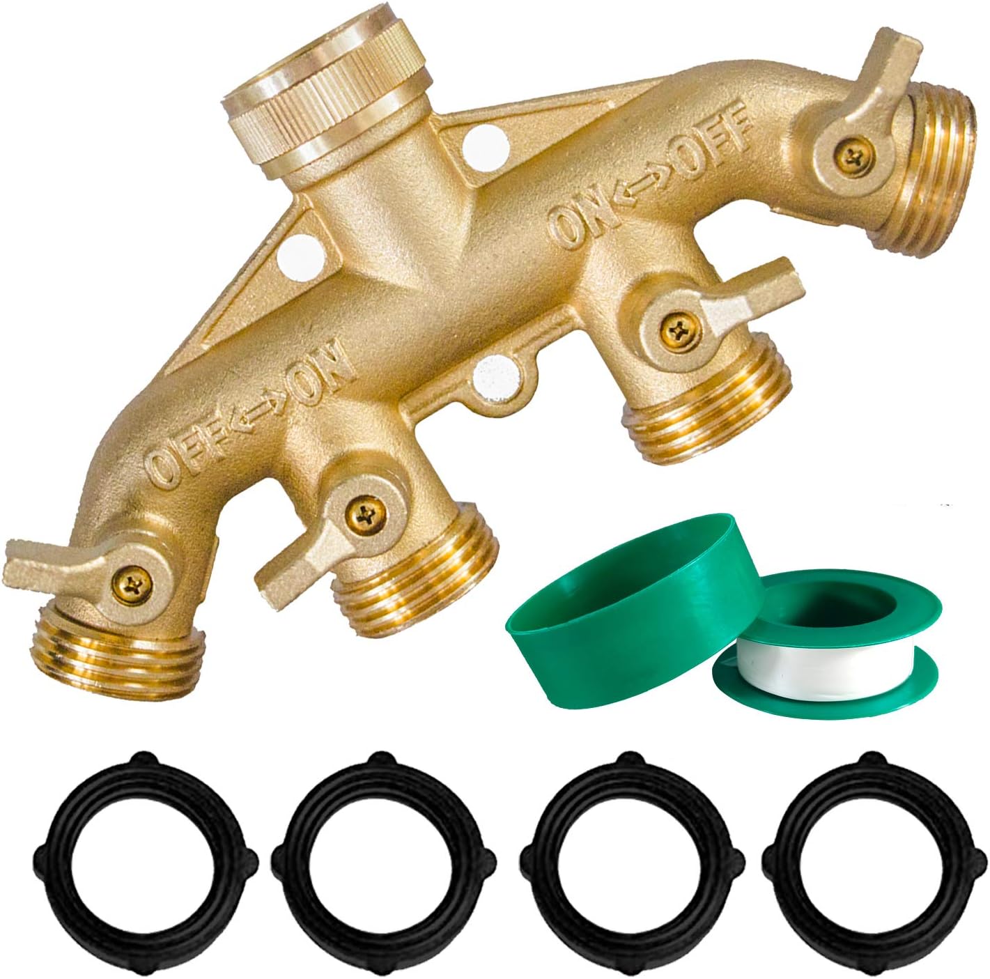 Brass Garden Hose Splitter 4 Way + Brass Garden Hose End Caps