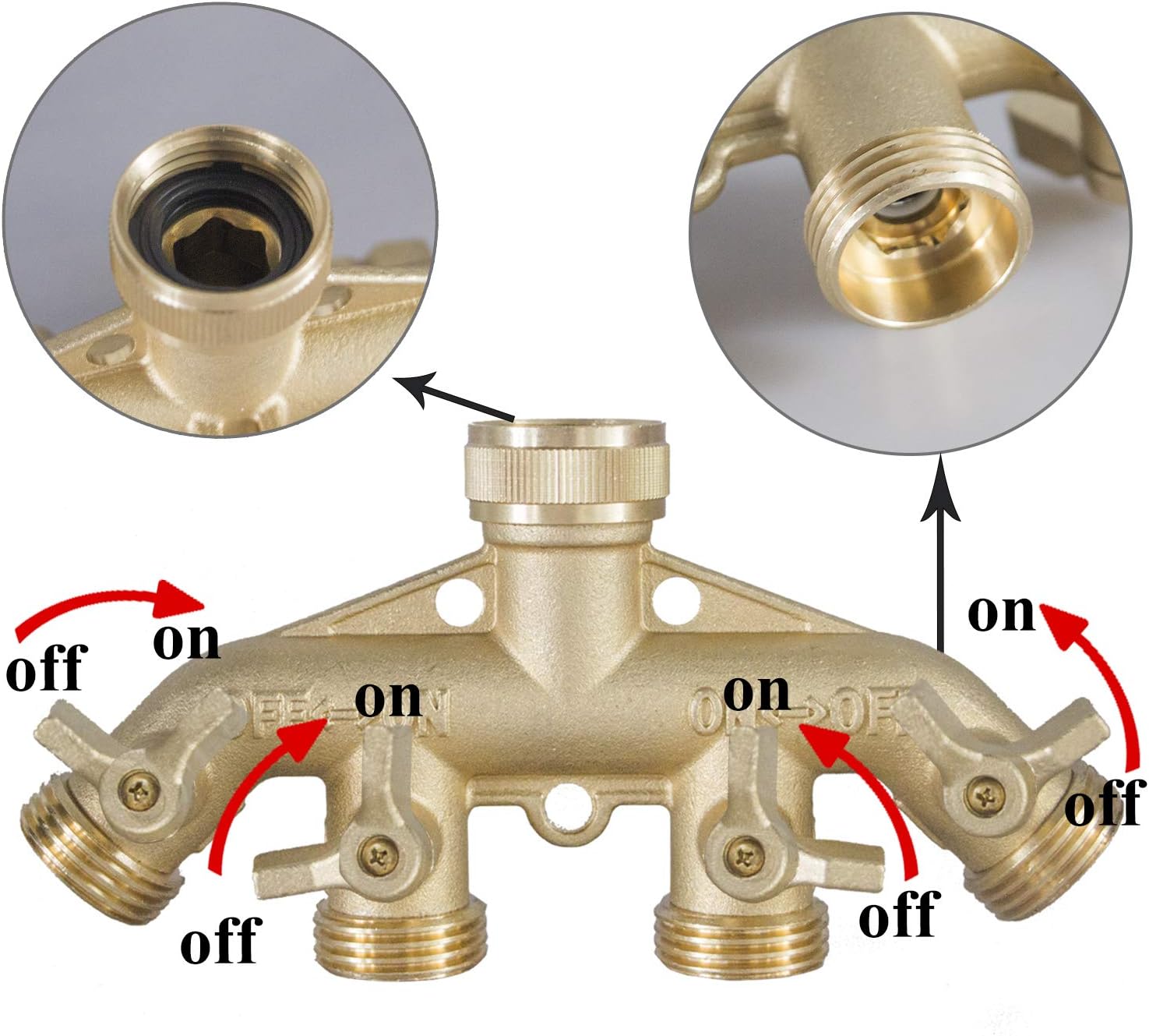 Brass Garden Hose Splitter 4 Way + Brass Garden Hose End Caps
