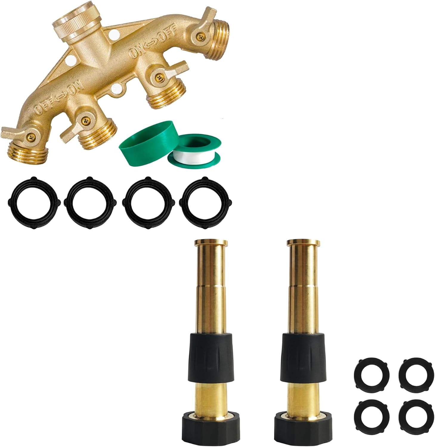 Brass Garden Hose Splitter 4 Way + 5" Jet Sweeper Garden Hose Nozzle