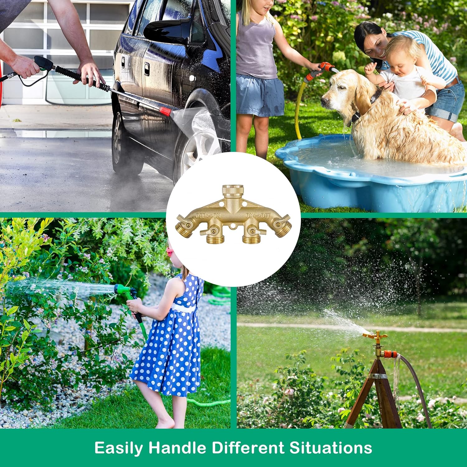 Brass Garden Hose Splitter 4 Way + 5" Jet Sweeper Garden Hose Nozzle