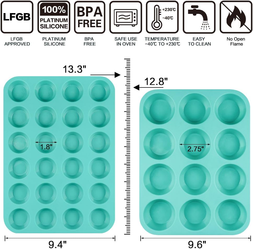 Silicone Muffin Pan Cupcake Pan Set - Mini 24 Cups and Regular 12 Cups Muffin Tin, Nonstick Food Grade Molds with 12 Baking Cups