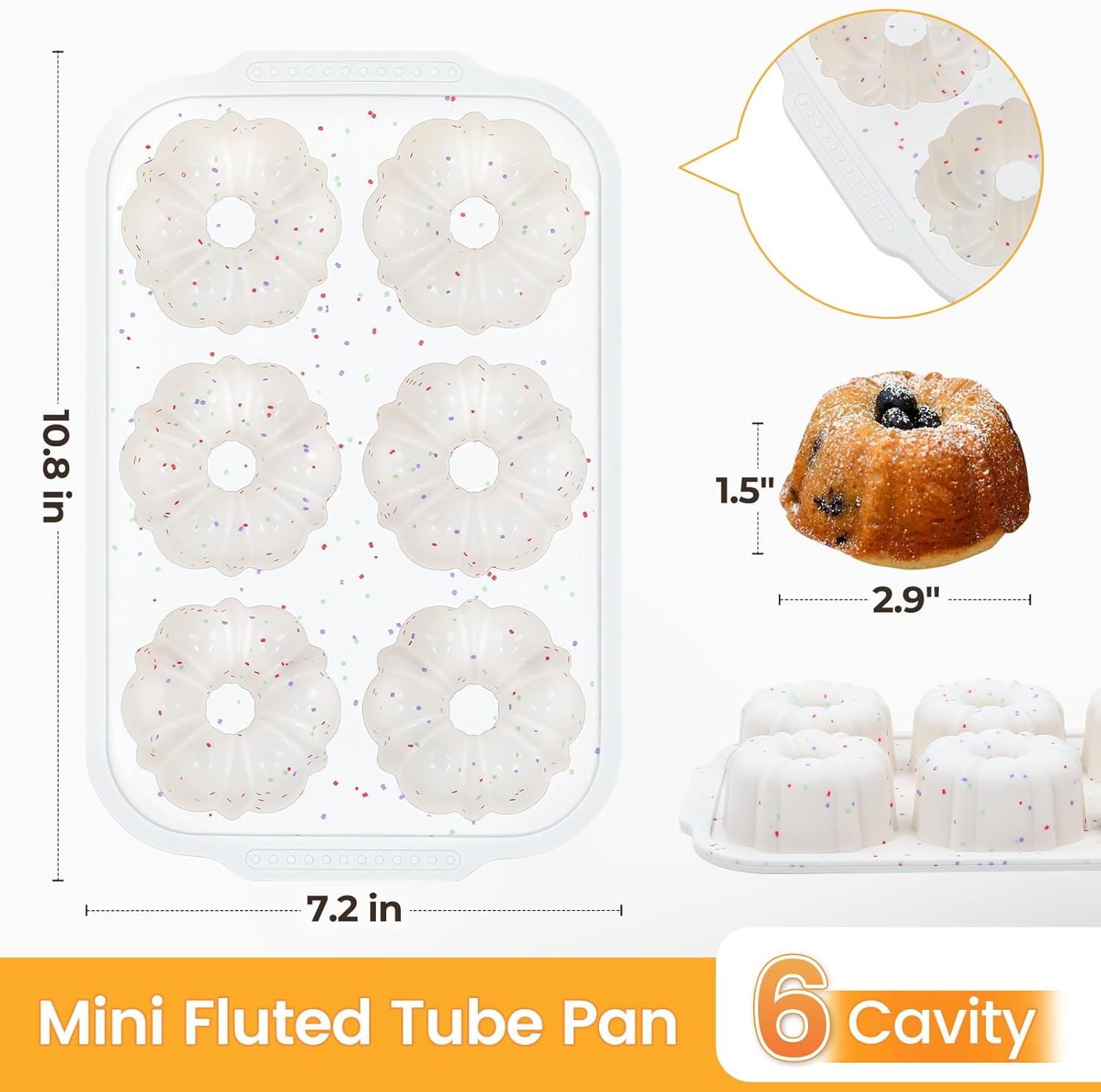 Mini Fluted Tube Pan with Metal Reinforced Frame, 6-Cavity Silicone Nonstick Small Cake Molds 2Pcs for Chocoflan, Donuts, Cornbread, Brownies, Jellies BPA Free