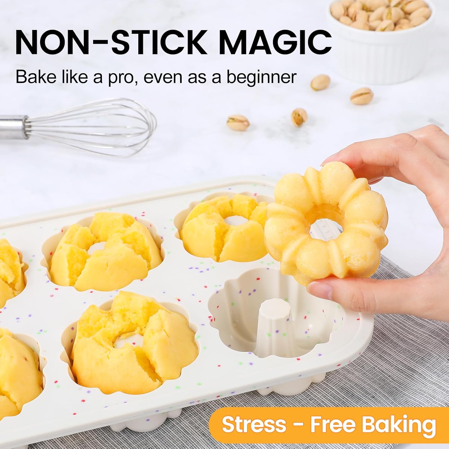 Mini Fluted Tube Pan with Metal Reinforced Frame, 6-Cavity Silicone Nonstick Small Cake Molds 2Pcs for Chocoflan, Donuts, Cornbread, Brownies, Jellies BPA Free
