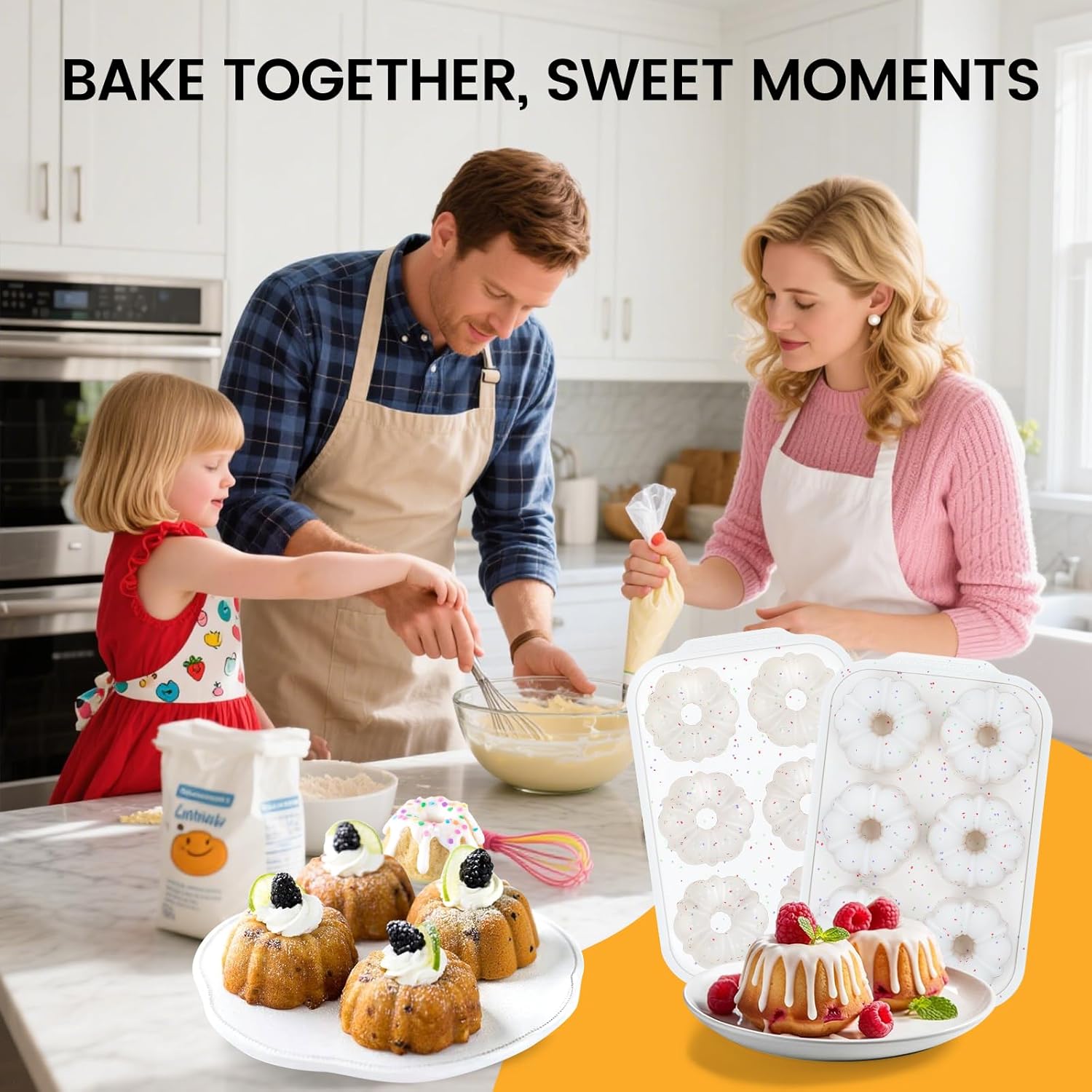 Mini Fluted Tube Pan with Metal Reinforced Frame, 6-Cavity Silicone Nonstick Small Cake Molds 2Pcs for Chocoflan, Donuts, Cornbread, Brownies, Jellies BPA Free