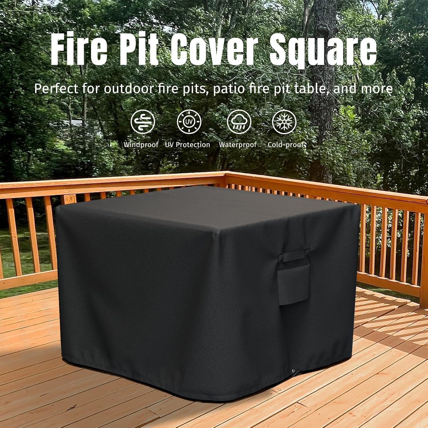 Square Fire Pit Cover, Fits for 28-32 Inch Fire Pit Table, Waterproof and Windproof, 32 x 32 x 24 Inches, Black