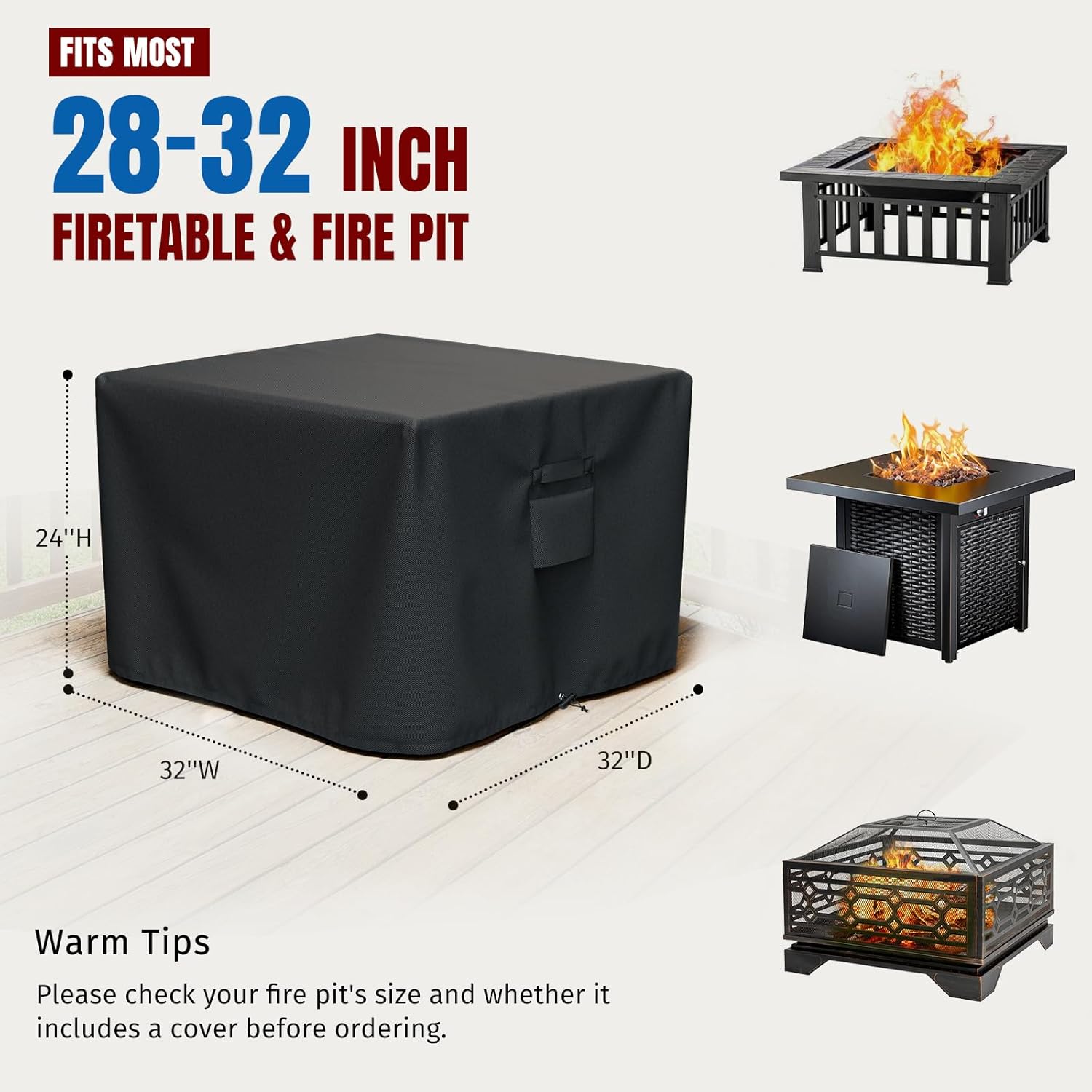 Square Fire Pit Cover, Fits for 28-32 Inch Fire Pit Table, Waterproof and Windproof, 32 x 32 x 24 Inches, Black