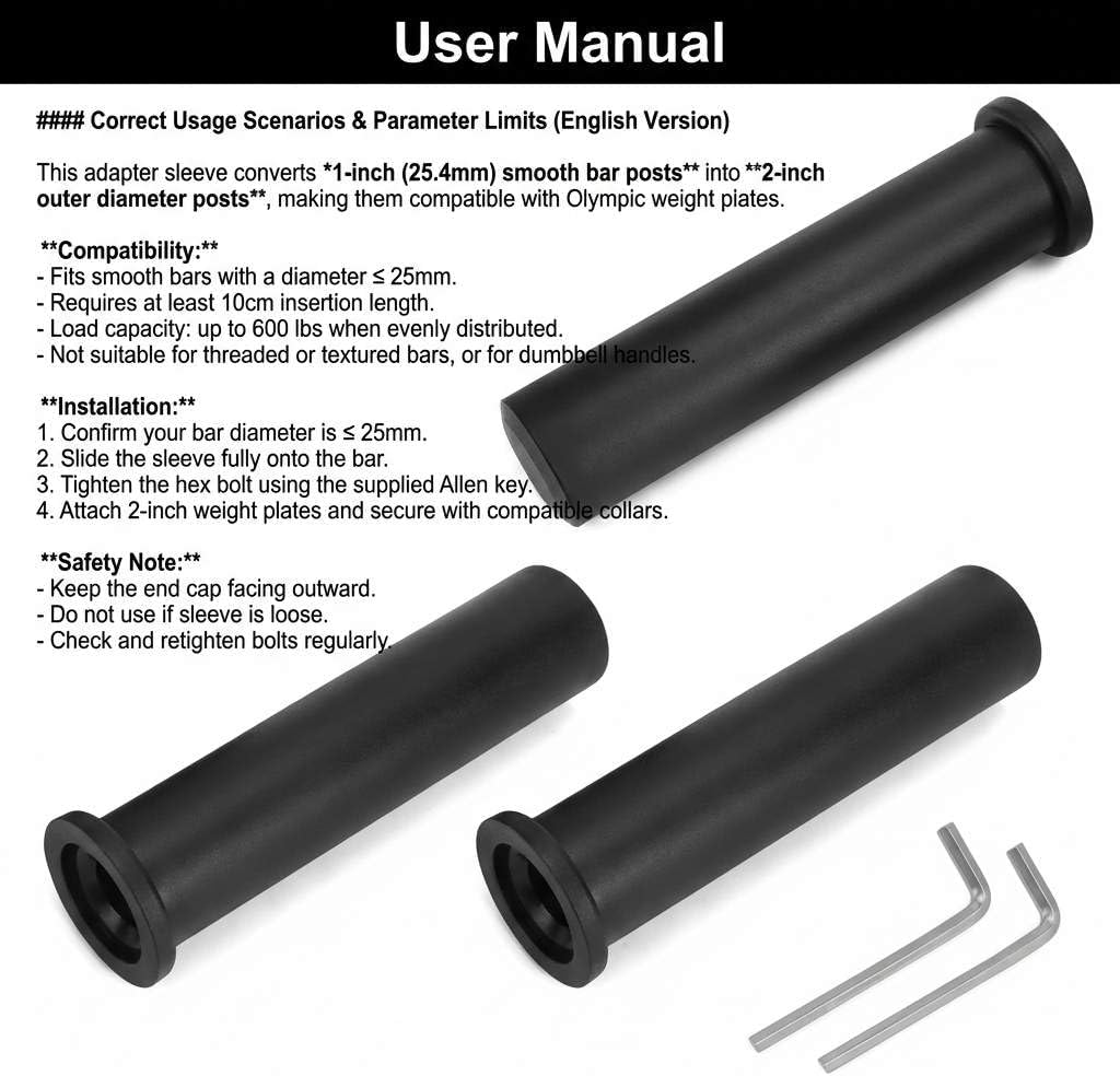 Adapter Sleeves 1" to 2" – 8" Length, 2 Pairs, 600 lbs Load, Locking Bolt & Caps for Racks, Bars & Plates