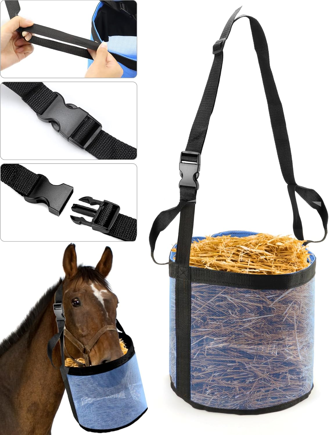 2 Pack Horse Feed Bag for Grain - Durable Mesh Grain Feeder with Adjustable Strap, Comfortable Neck and Nose Pad Horse Muzzle Feed Bag, for Feeding Grain, Powder, Supplements, Blue