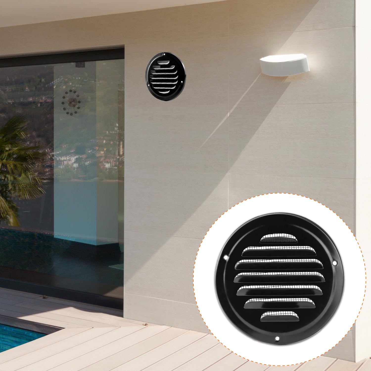 4" Black Soffit Vent Cover with Screen Mesh, 10 Pack Round Metal Air Vent Louver, 5-11/16" Diameter Grill Cover, Round HVAC Vents