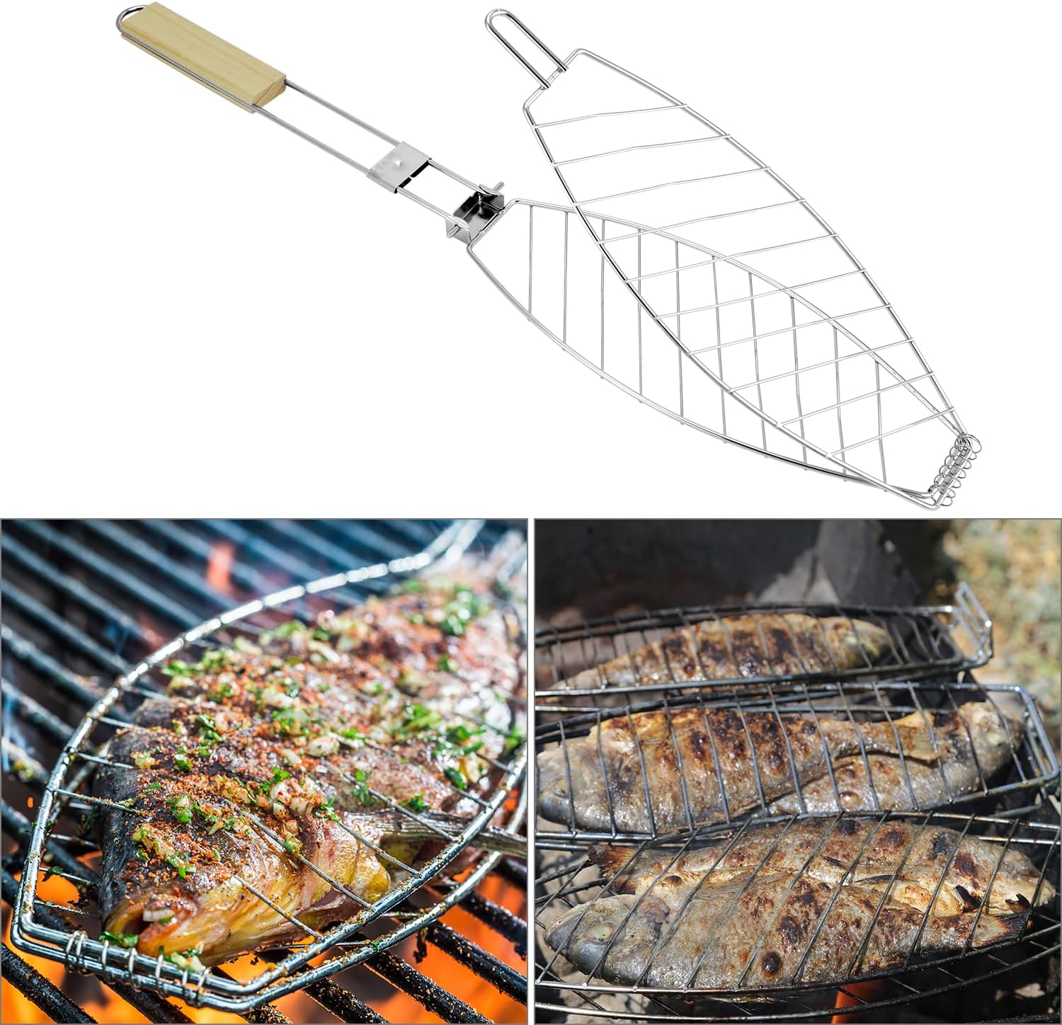 2-Pack Stainless Steel Fish Grill Basket – Portable Locking Grill Rack for Small-Medium Fish, Camping & Home BBQ