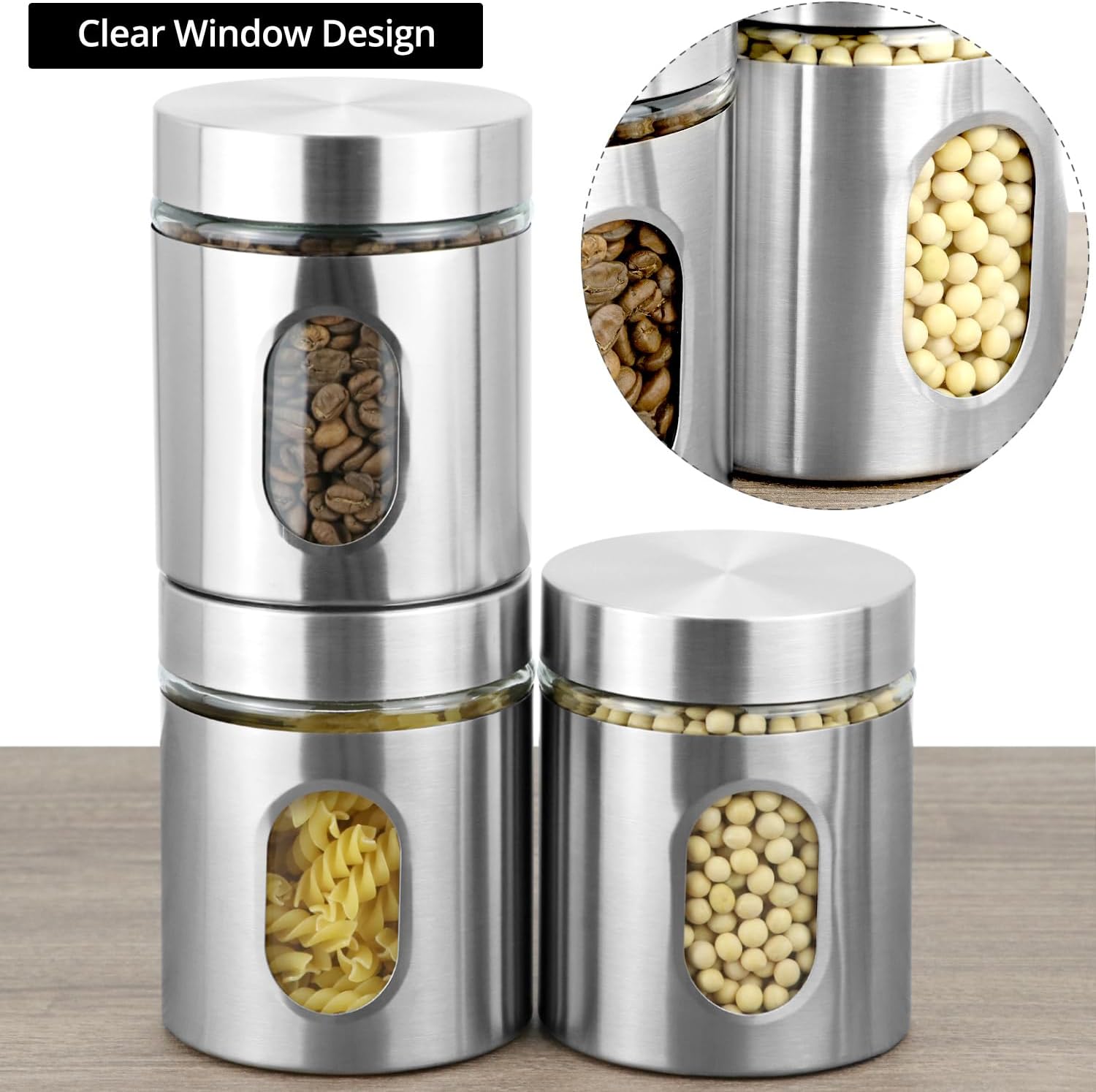 6 Pack 20 oz Stainless Steel Glass Kitchen Canisters Set, Airtight Food Storage Containers with Window, for Flour Cookies Spices Grains