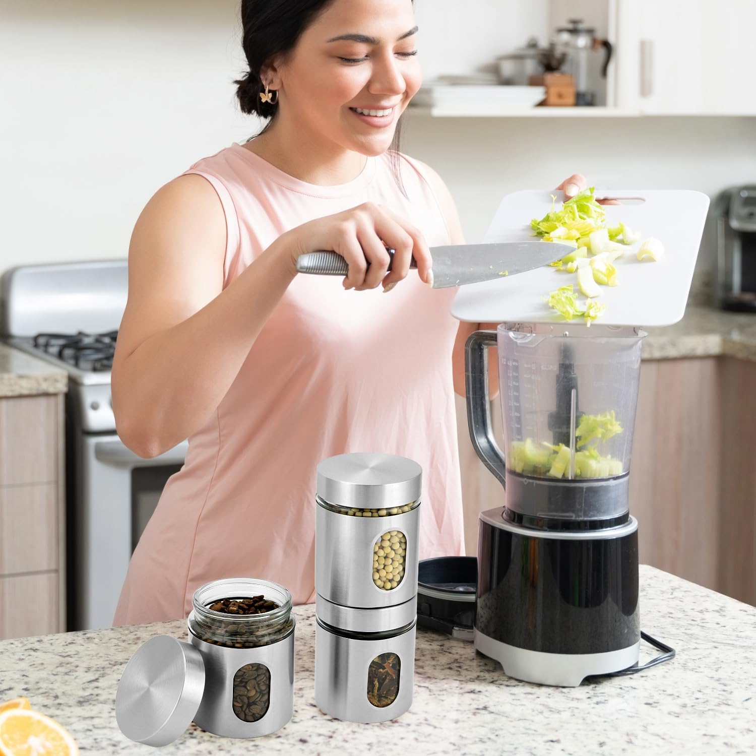 6 Pack 20 oz Stainless Steel Glass Kitchen Canisters Set, Airtight Food Storage Containers with Window, for Flour Cookies Spices Grains