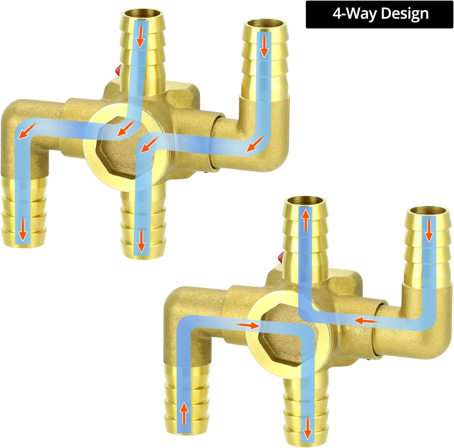 Solid Brass 5/8" 4-Way Heater Control Valve with Switch, 16mm Hose Barb Automotive Bypass