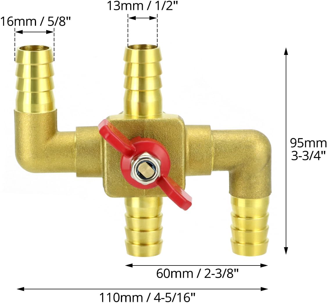 Solid Brass 5/8" 4-Way Heater Control Valve with Switch, 16mm Hose Barb Automotive Bypass