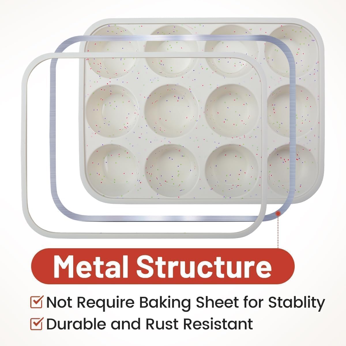Silicone Muffin Pan, Metal Reinforced Frame Cupcake Pan 12 Cups Regular Size Easy to Move in or Out of Oven Non-Stick 2