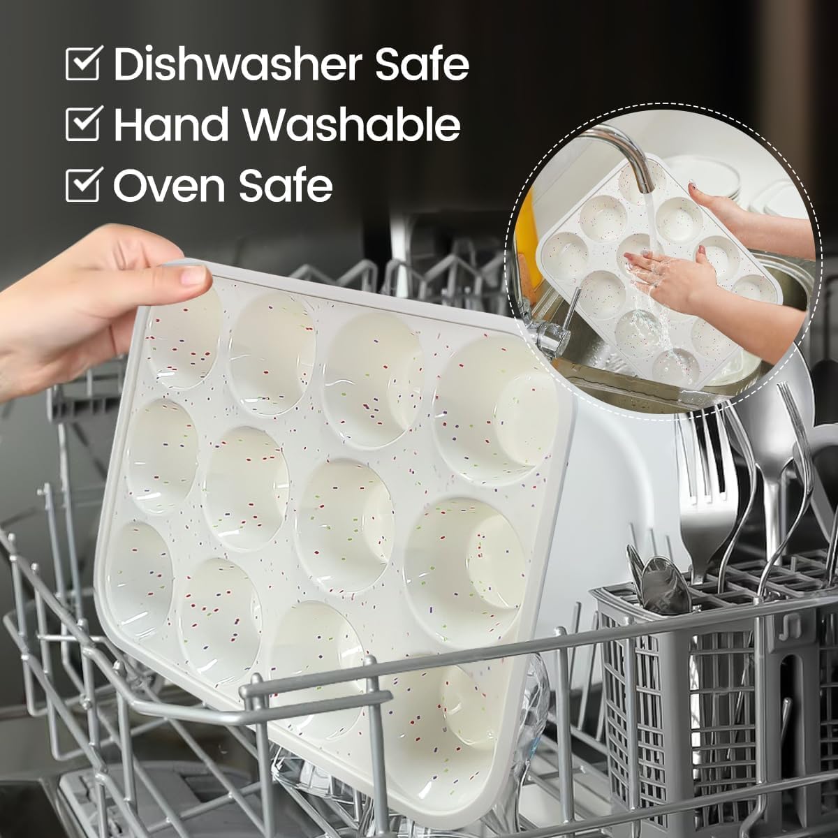 Silicone Muffin Pan, Metal Reinforced Frame Cupcake Pan 12 Cups Regular Size Easy to Move in or Out of Oven Non-Stick 2