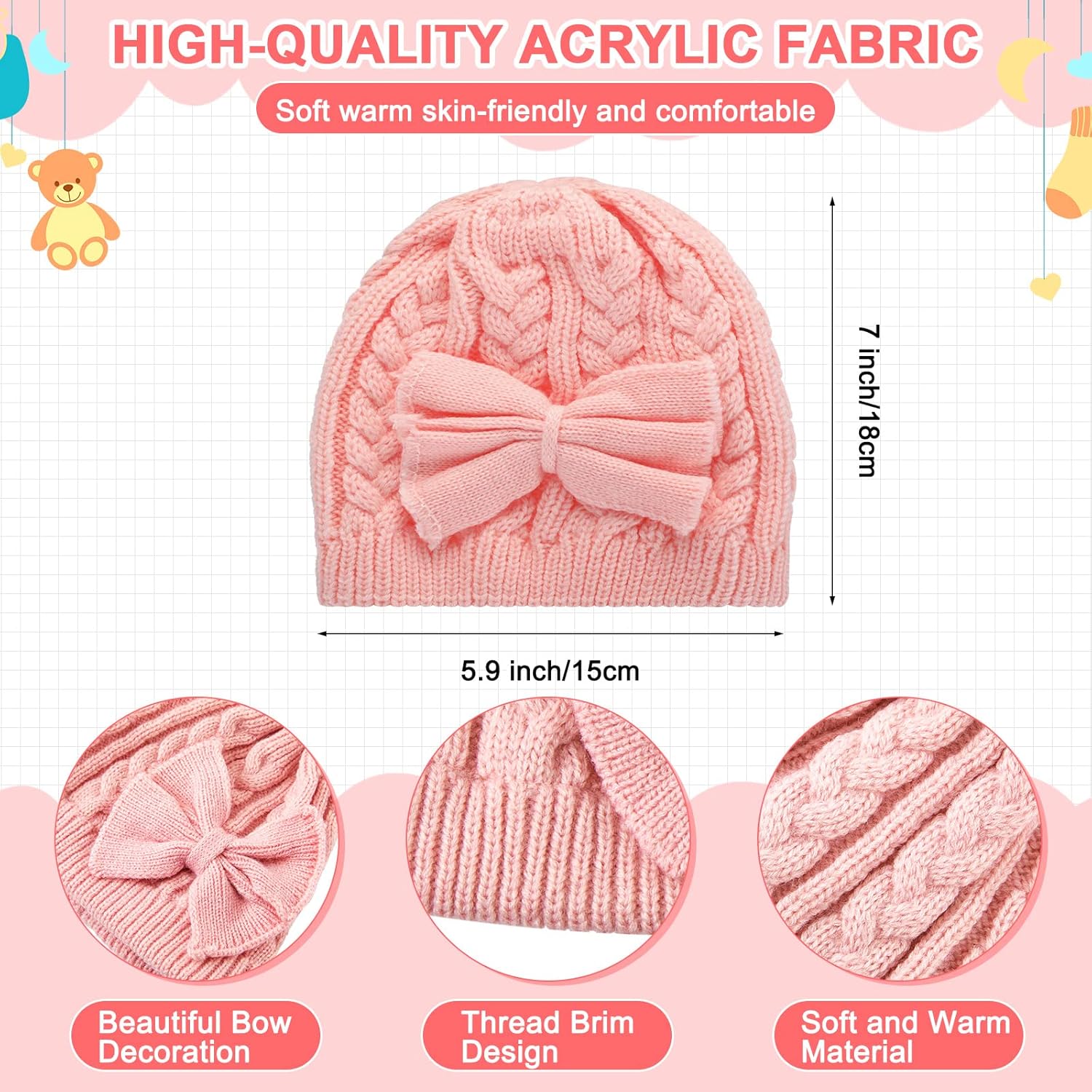3 Set Toddler Hat Glove Set, Kids Winter Hats Warm Knitted Beanie Mittens Gloves with Bow for Baby Girls Boys 0-6Y