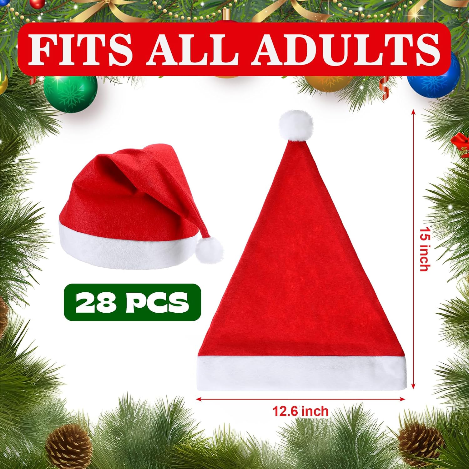 28 Pieces Christmas Red Santa Hat Xmas claus Santa plush Hat Non-woven Fabric costume hat for kids adult Christmas 12.6 x 15 Inch