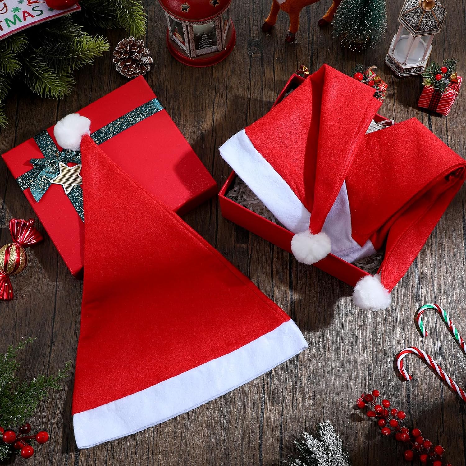 28 Pieces Christmas Red Santa Hat Xmas claus Santa plush Hat Non-woven Fabric costume hat for kids adult Christmas 12.6 x 15 Inch