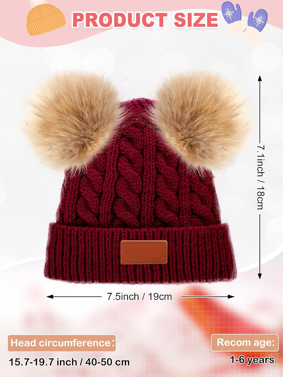 3 Set Toddler Hat Glove Set, Kids Hats Winter Warm Knitted Beanie Mittens Gloves for Baby Girls Boys 0-6Y Black, Red, Light Brown