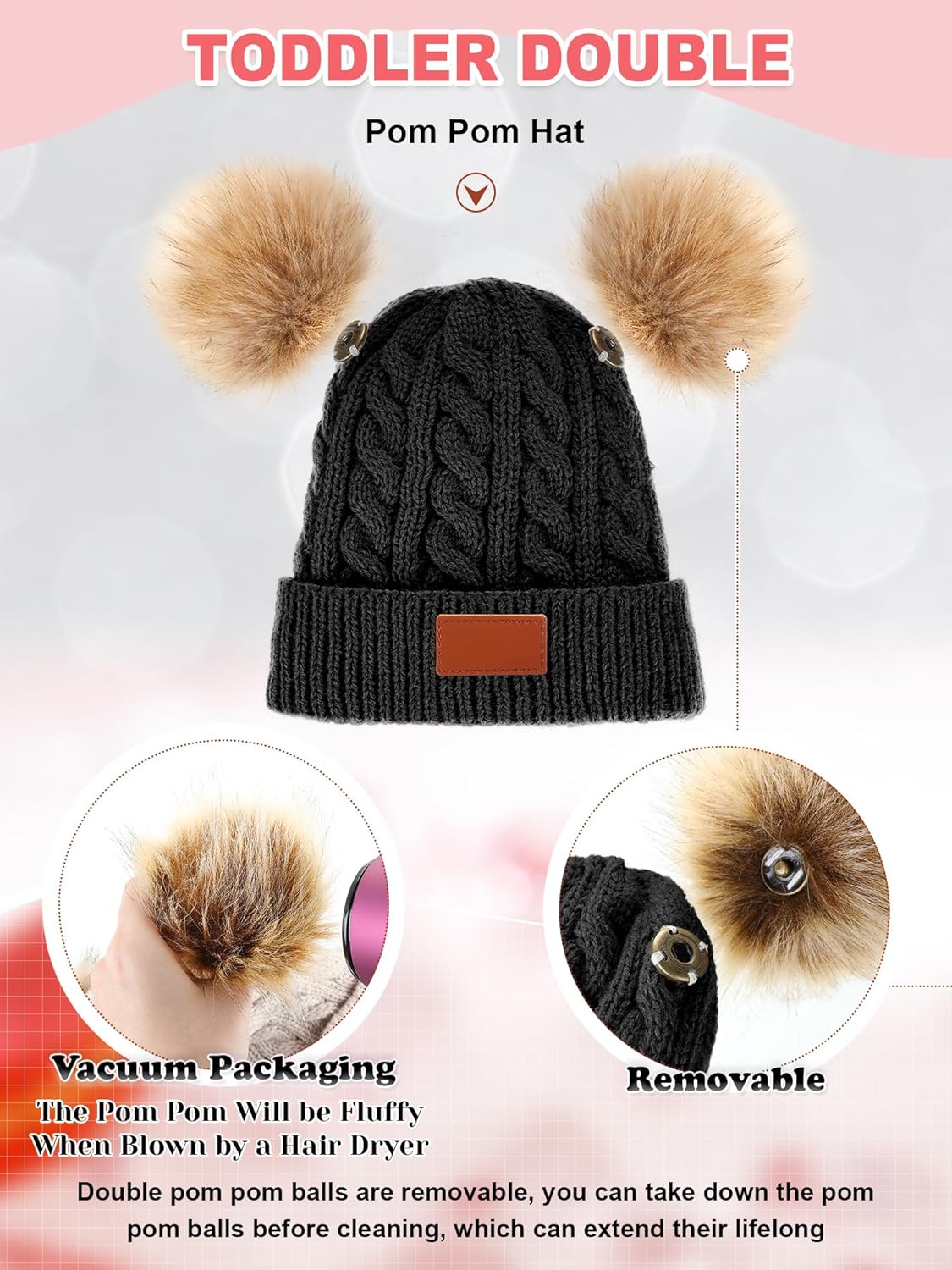 3 Set Toddler Hat Glove Set, Kids Hats Winter Warm Knitted Beanie Mittens Gloves for Baby Girls Boys 0-6Y Black, Red, Light Brown