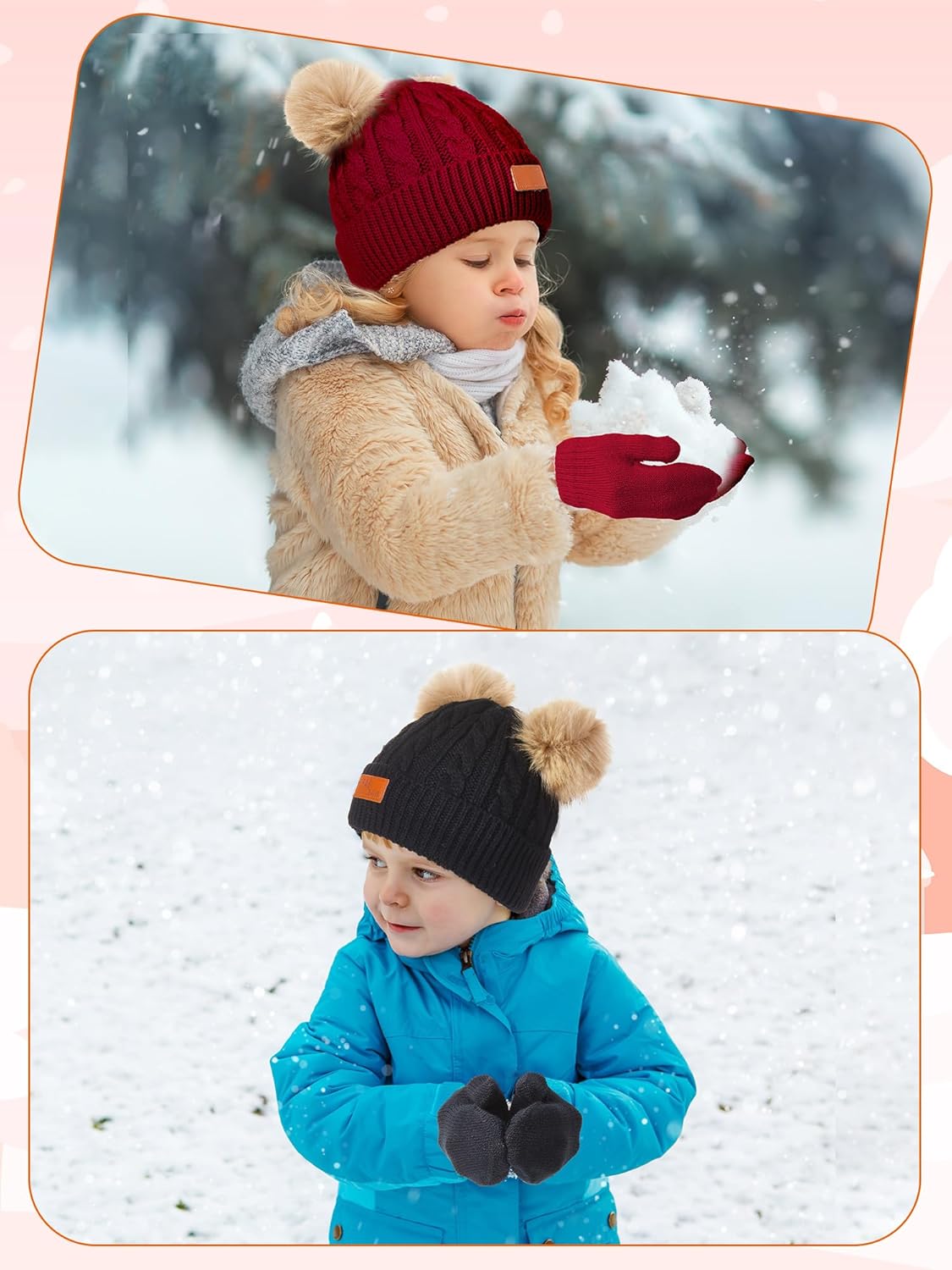 3 Set Toddler Hat Glove Set, Kids Hats Winter Warm Knitted Beanie Mittens Gloves for Baby Girls Boys 0-6Y Black, Red, Light Brown