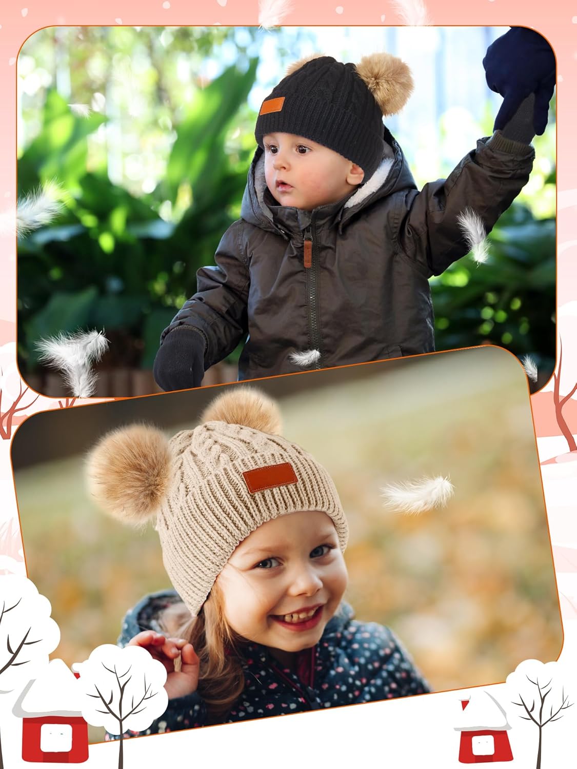 3 Set Toddler Hat Glove Set, Kids Hats Winter Warm Knitted Beanie Mittens Gloves for Baby Girls Boys 0-6Y Black, Red, Light Brown