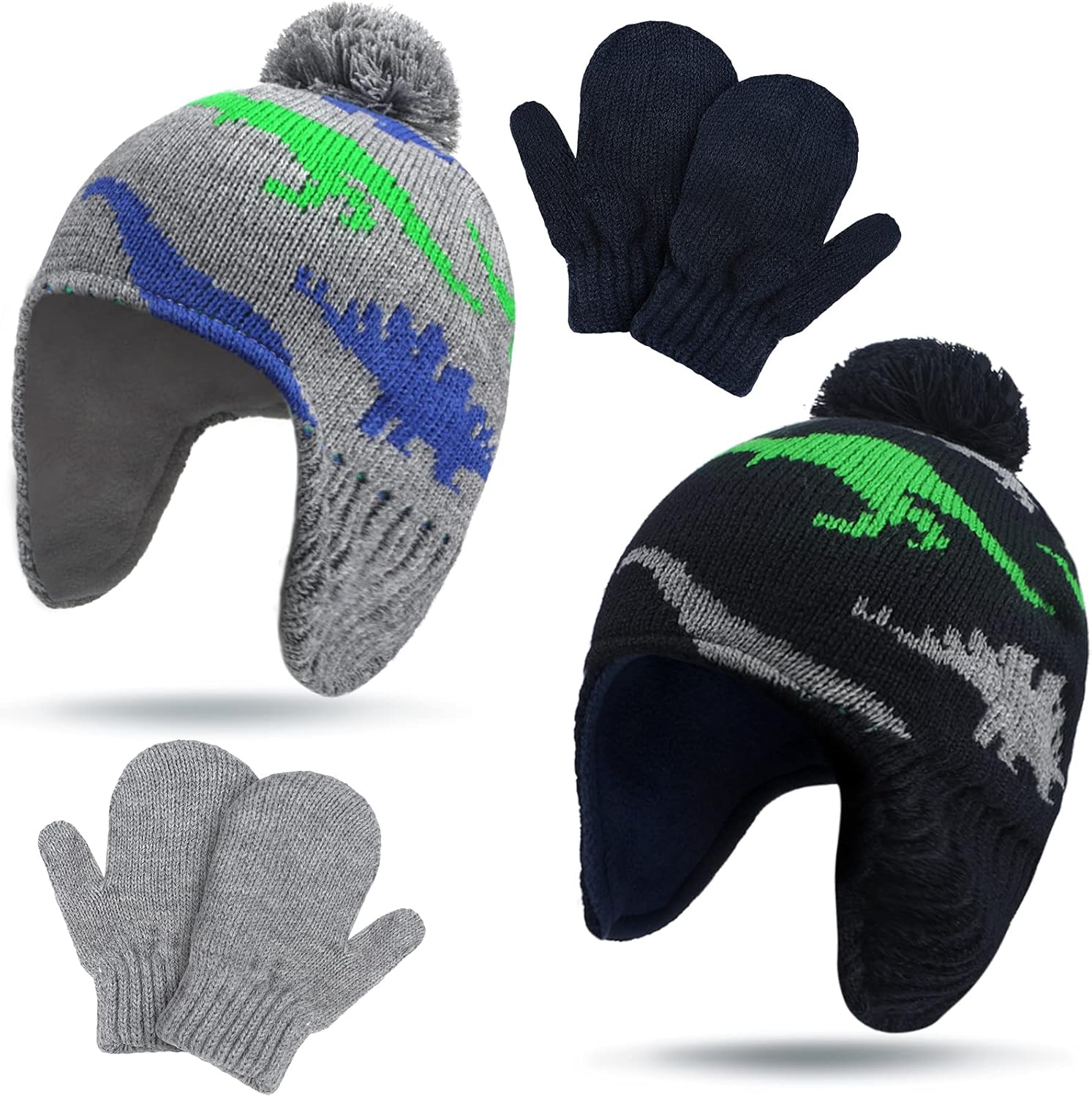 4 PCS Baby Boy Toddler Dinosaur Hat and Glove Set Boys Winter Hat Beanie Kids Gloves Winter Earflap Beanie Fleece Skiing Caps with Warm Ear Flap Grey, Navy Blue, Green, Blue