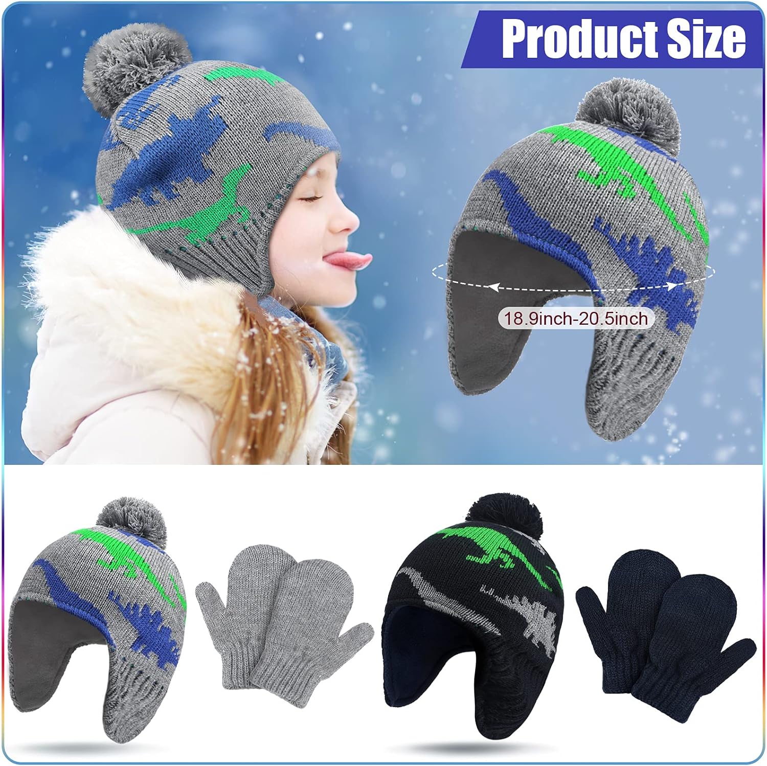 4 PCS Baby Boy Toddler Dinosaur Hat and Glove Set Boys Winter Hat Beanie Kids Gloves Winter Earflap Beanie Fleece Skiing Caps with Warm Ear Flap Grey, Navy Blue, Green, Blue