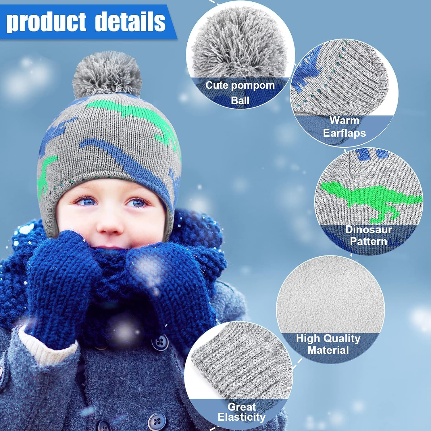 4 PCS Baby Boy Toddler Dinosaur Hat and Glove Set Boys Winter Hat Beanie Kids Gloves Winter Earflap Beanie Fleece Skiing Caps with Warm Ear Flap Grey, Navy Blue, Green, Blue