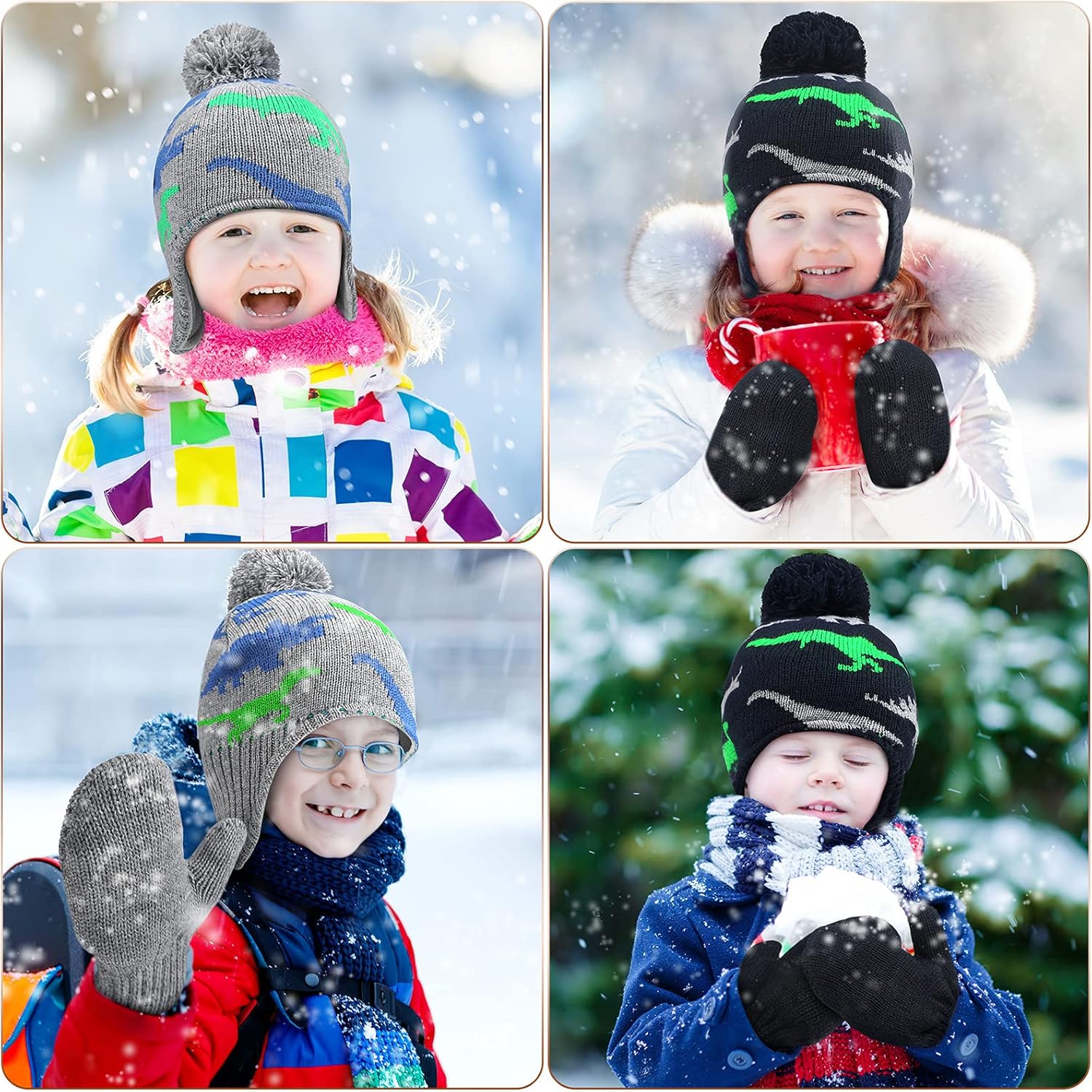 4 PCS Baby Boy Toddler Dinosaur Hat and Glove Set Boys Winter Hat Beanie Kids Gloves Winter Earflap Beanie Fleece Skiing Caps with Warm Ear Flap Grey, Navy Blue, Green, Blue