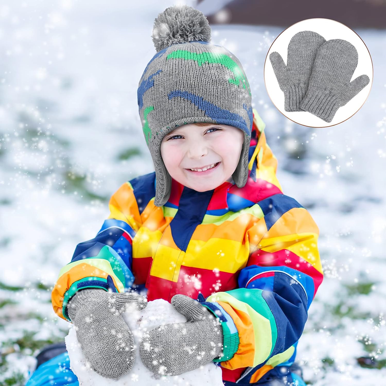 4 PCS Baby Boy Toddler Dinosaur Hat and Glove Set Boys Winter Hat Beanie Kids Gloves Winter Earflap Beanie Fleece Skiing Caps with Warm Ear Flap Grey, Navy Blue, Green, Blue
