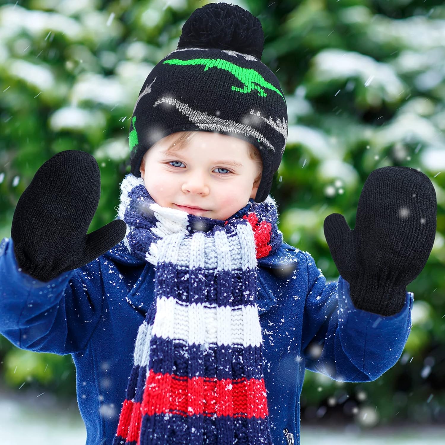 4 PCS Baby Boy Toddler Dinosaur Hat and Glove Set Boys Winter Hat Beanie Kids Gloves Winter Earflap Beanie Fleece Skiing Caps with Warm Ear Flap Grey, Navy Blue, Green, Blue