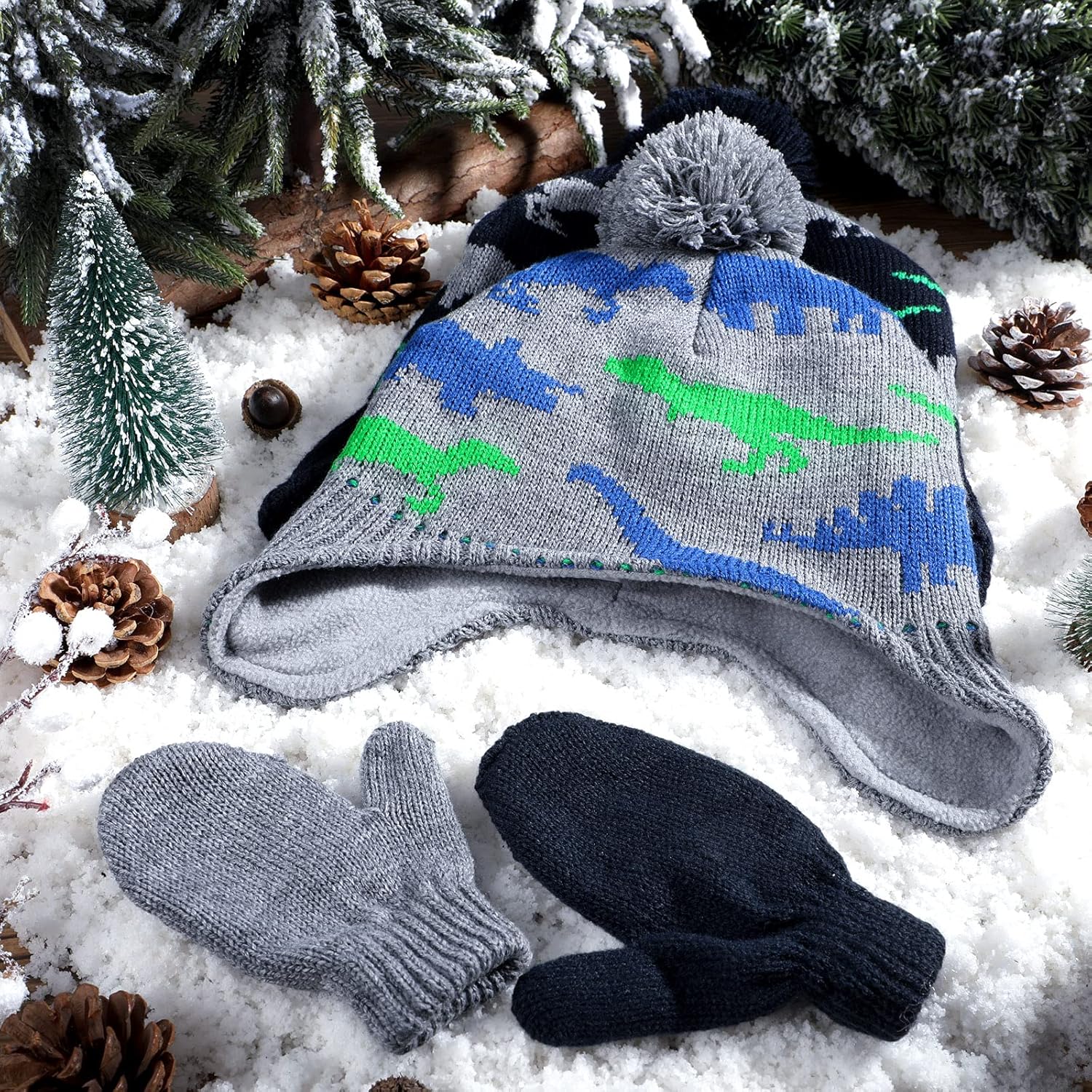 4 PCS Baby Boy Toddler Dinosaur Hat and Glove Set Boys Winter Hat Beanie Kids Gloves Winter Earflap Beanie Fleece Skiing Caps with Warm Ear Flap Grey, Navy Blue, Green, Blue