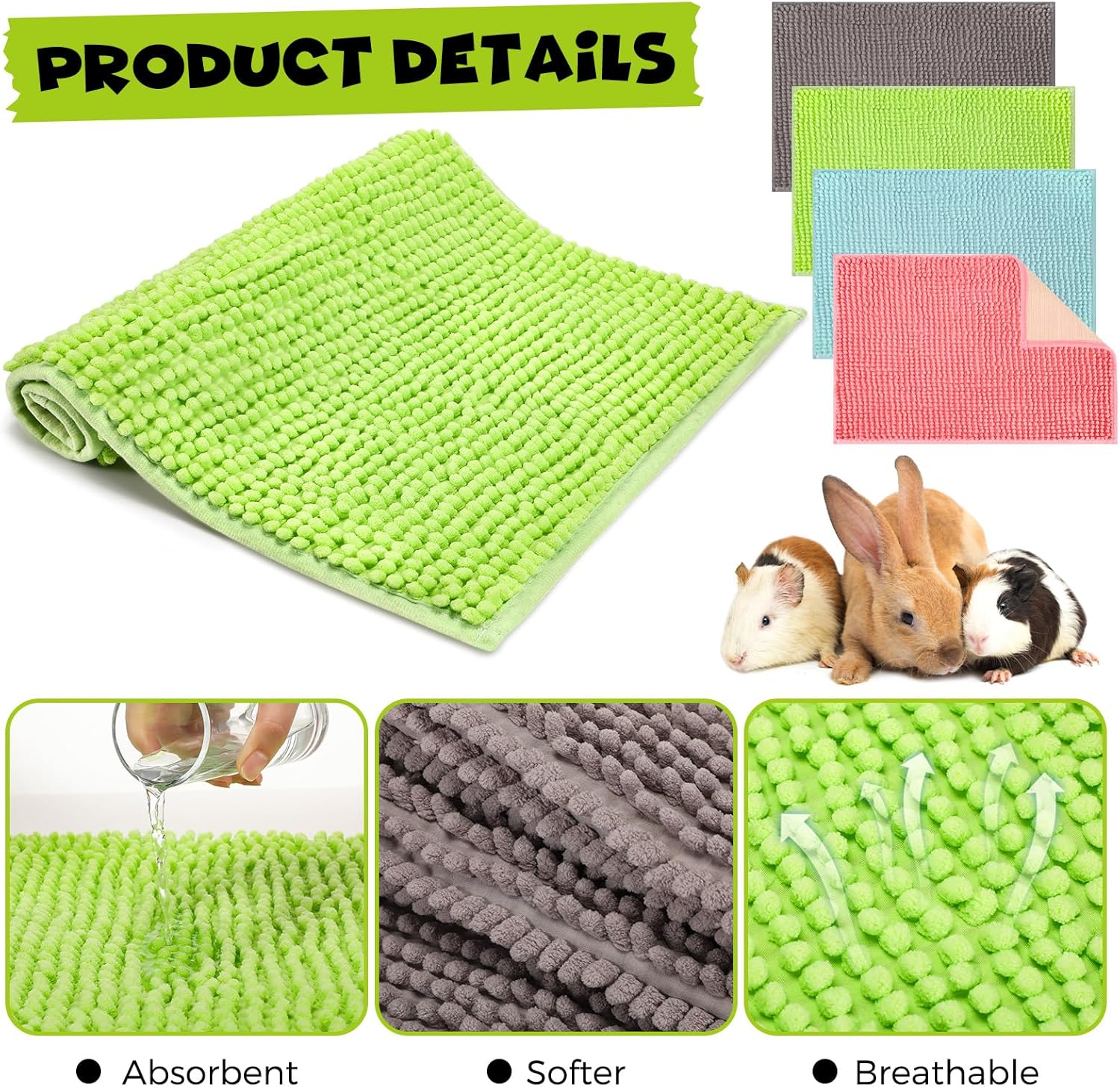 8 Pcs Guinea Pig Cage Liner for Guinea Pig Cage Bedding Reusable Rabbit Mat Pad Washable Training Pad Animal Sleeping Bedding Mat 16x12'',Gray, Green, Pink, Blue
