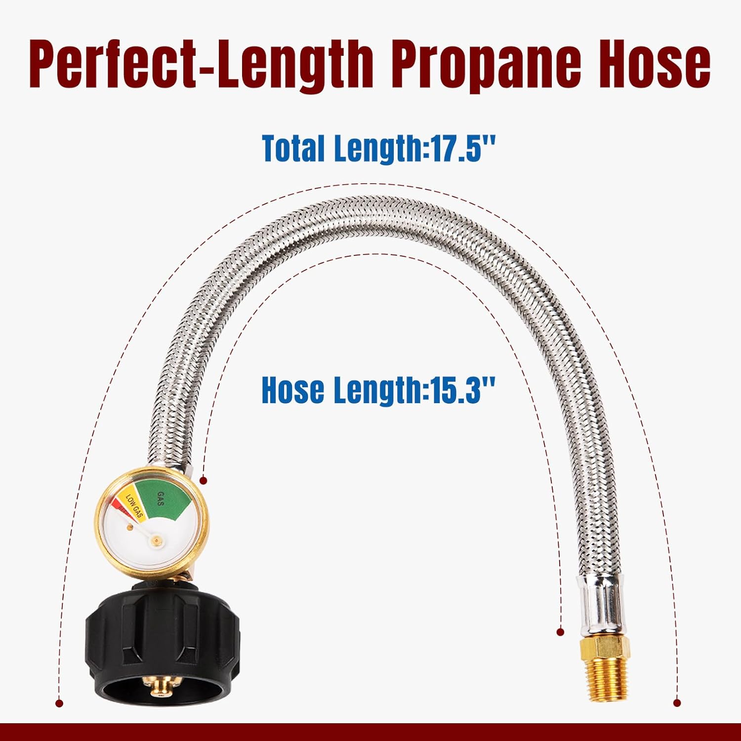 15 Inch RV Propane Hose with Gauge, Stainless Steel Braided Camper Tank Hose for Dual Stage Regulator, 1/4 Inch Male NPT x QCC1, 2 Pack