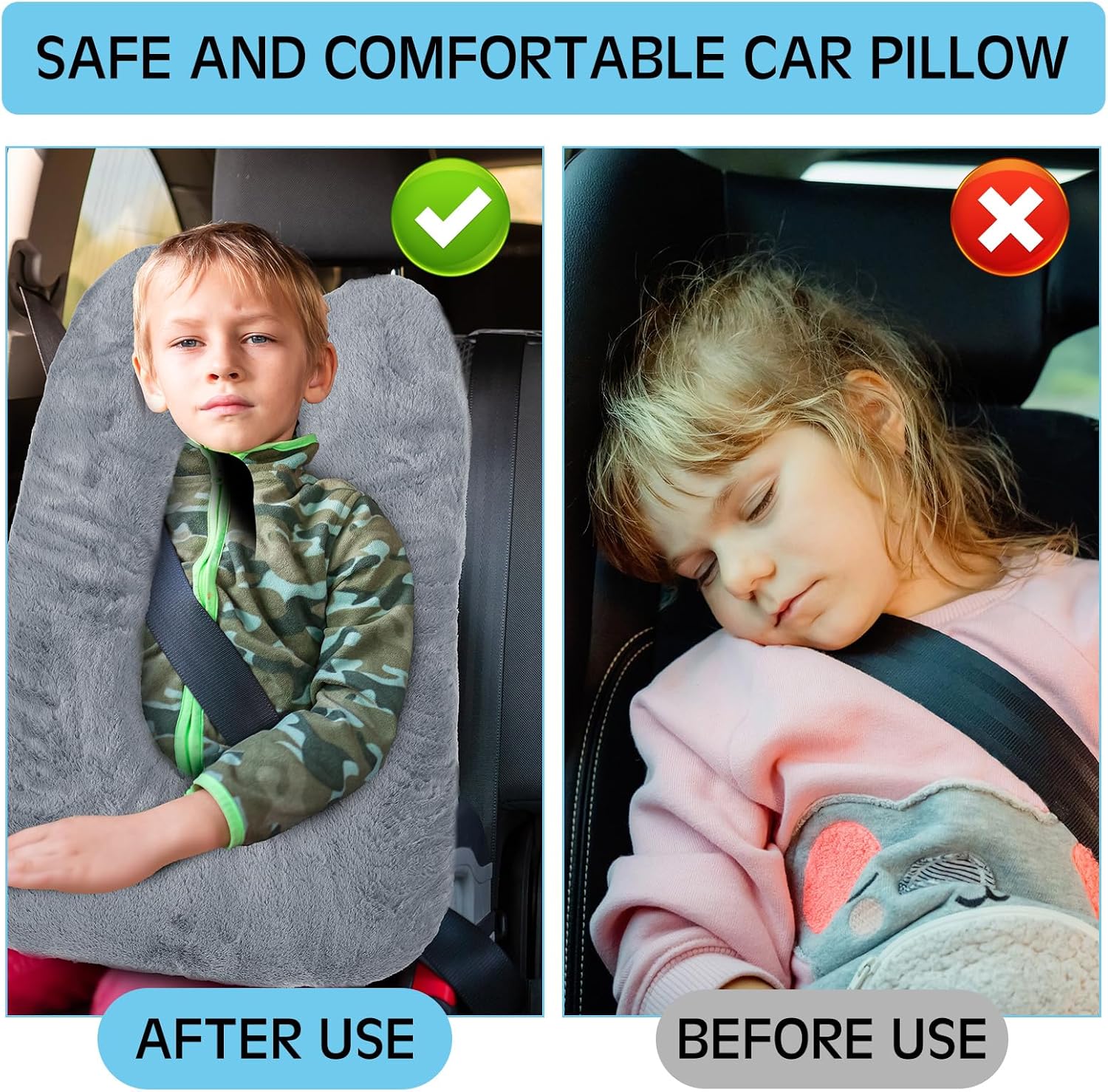2 Pcs Car Travel Pillow for the Back Seat 28 x 18 in Sleeping Reading Pillows for Long Distance Travel Car Cushion for Kids Adults Head and Body Support U Shaped Pad for Travel Gray, Blue