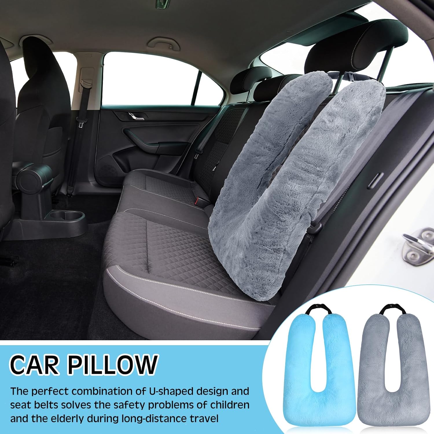 2 Pcs Car Travel Pillow for the Back Seat 28 x 18 in Sleeping Reading Pillows for Long Distance Travel Car Cushion for Kids Adults Head and Body Support U Shaped Pad for Travel Gray, Blue
