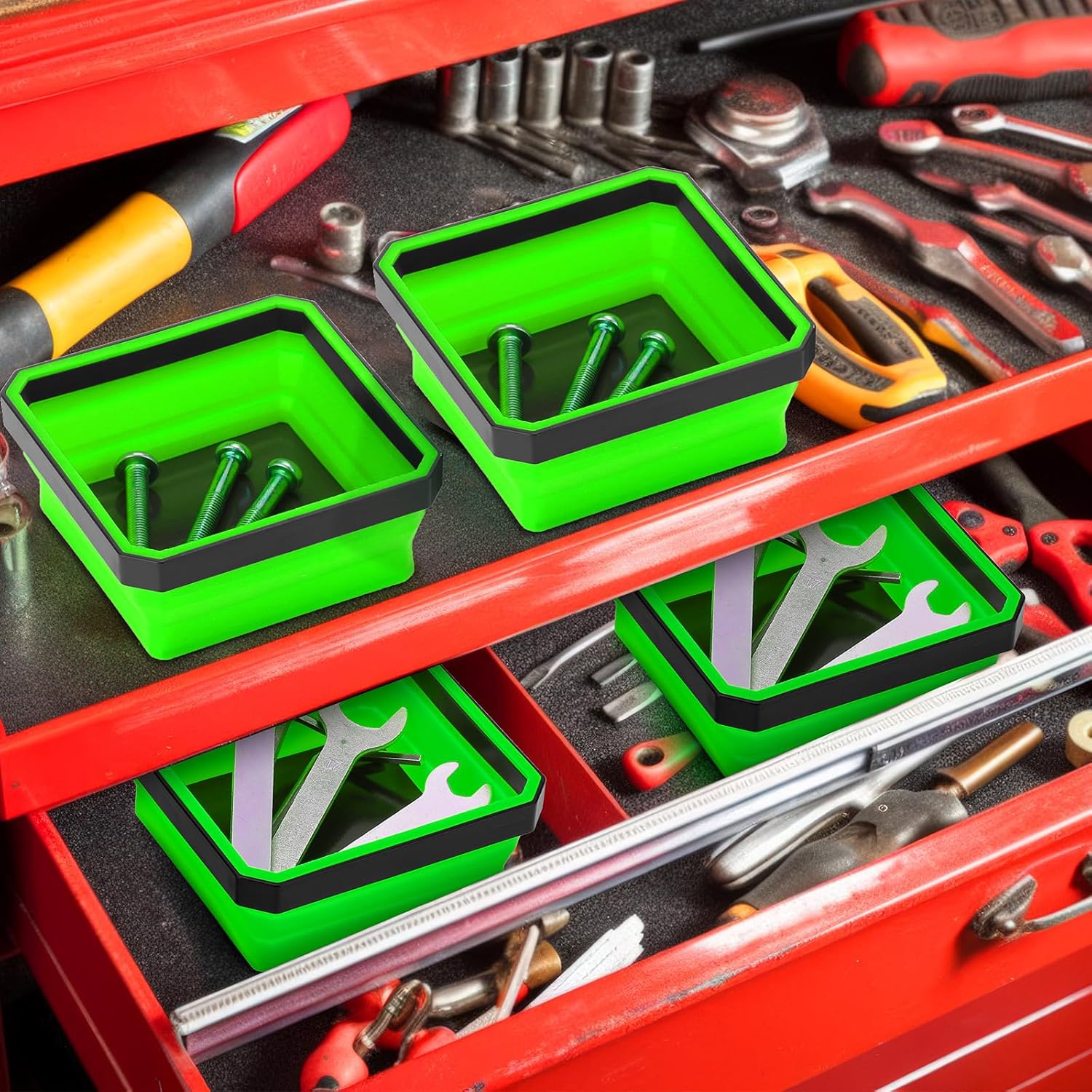 10 Pcs Magnetic Tool Tray Collapsible Foldable Parts Trays Set Magnetic Screw Tray Magnetic Parts Bowl Square Silicone Magnetic Tool for Bolts Nuts Washers Pins Screw Parts Green